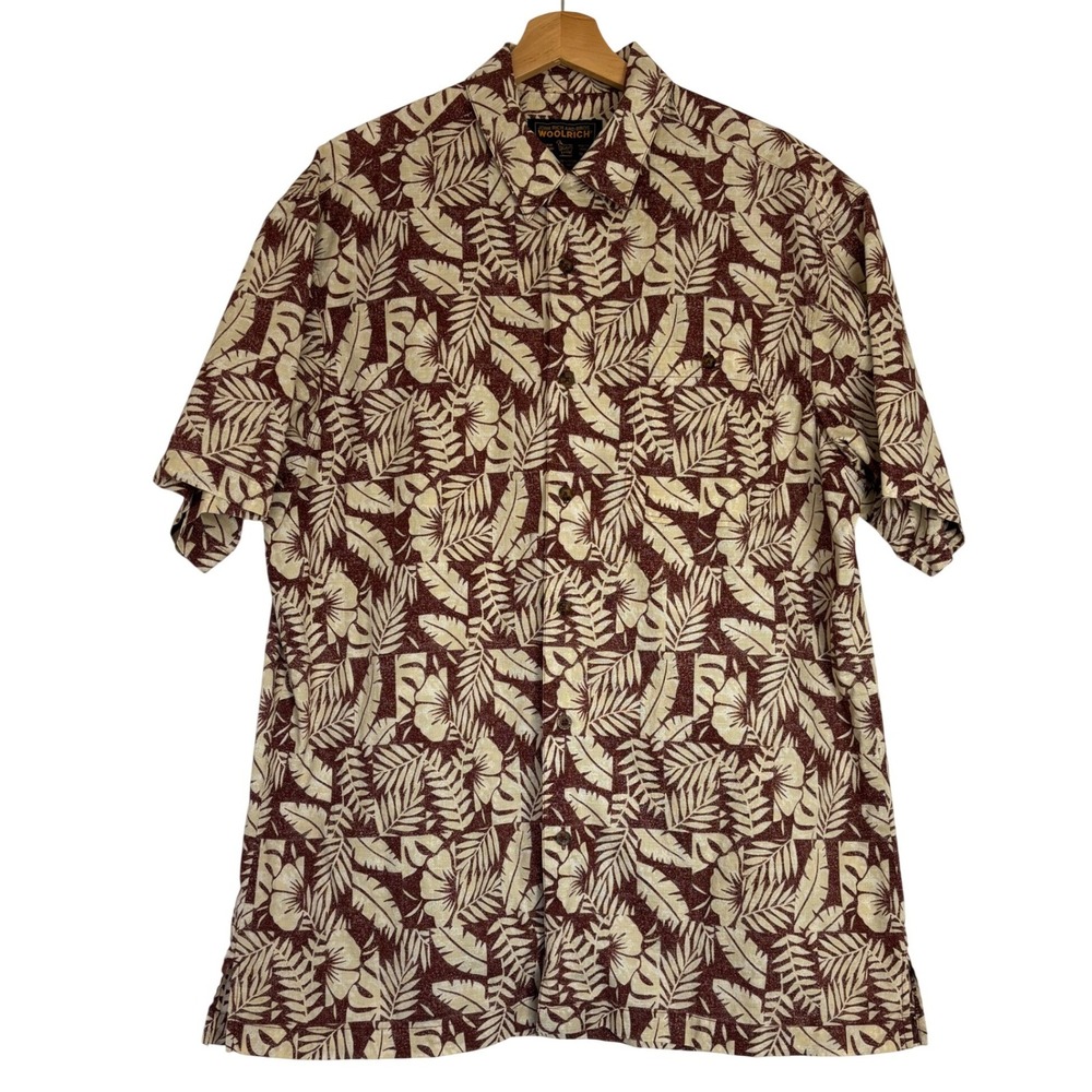 Woolrich John Rich & Bros Mens Large Tropical Hibiscus Floral Aloha Shirt Maroon